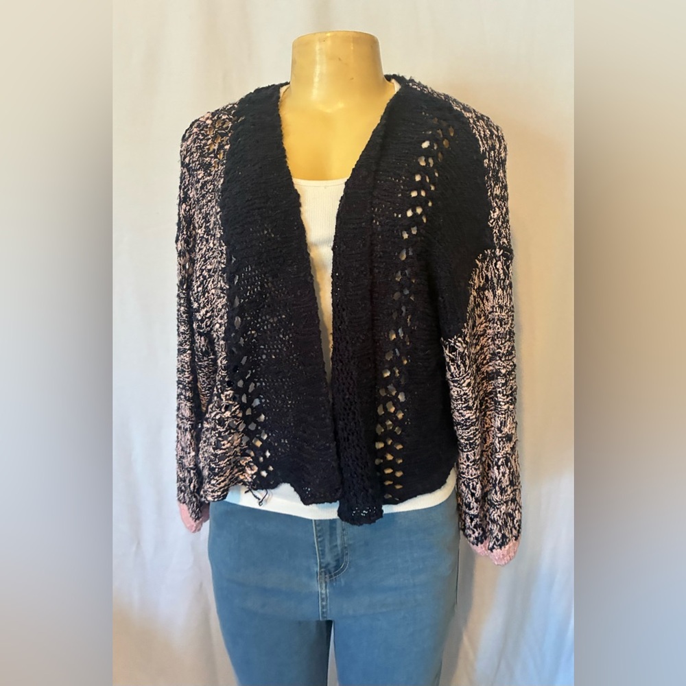 Women's Navy Blue and Pink Open Cardigan Sweater